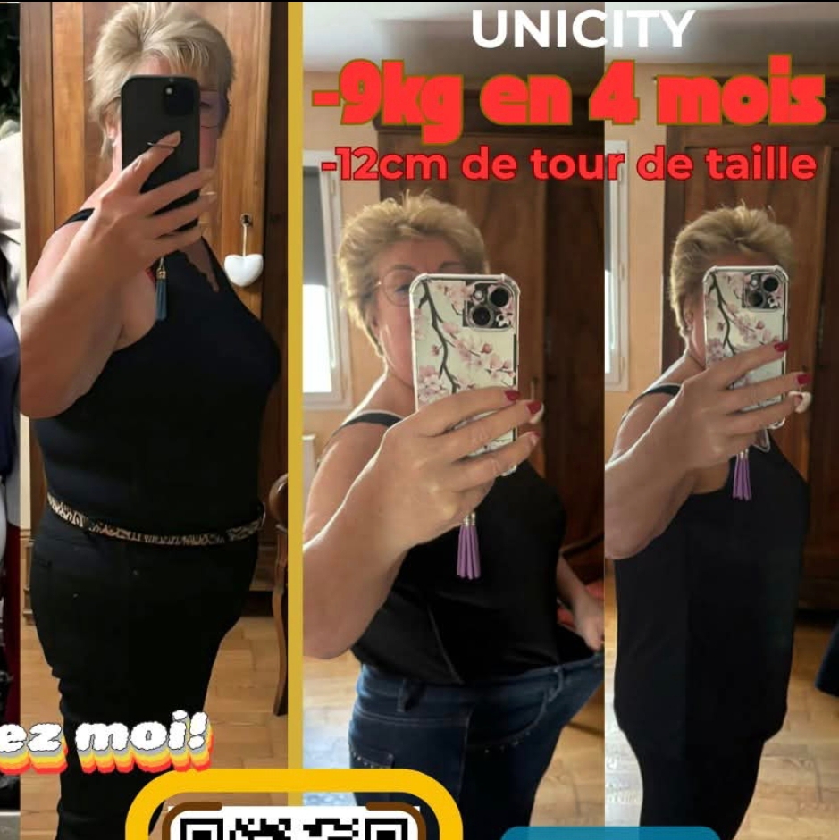 Avant / après — femme, perte de 9 kg en 4 mois et 12 cm de tour de taille avec Feel Great